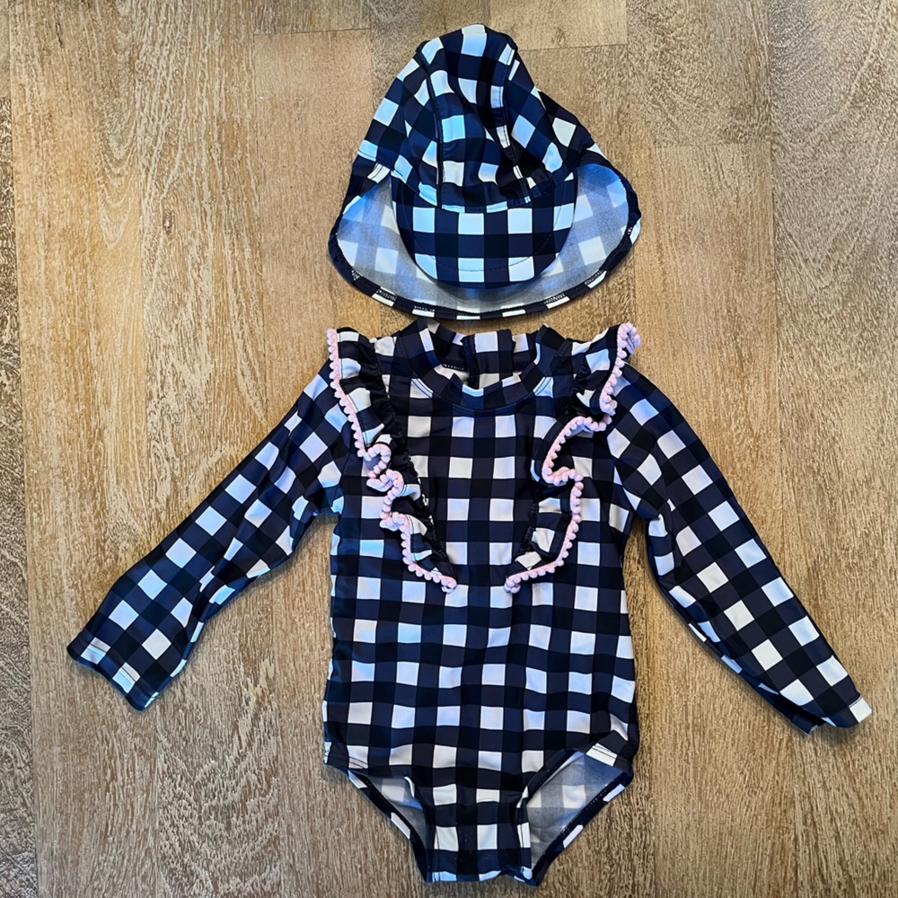 Cotton On Navy Gingham Swimsuit With Matching Hat Sz 12-18 Months